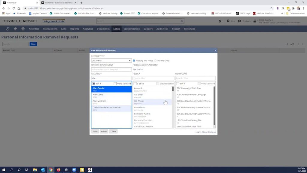 Customer removal request interface for Concentrus software - optimized for data management.