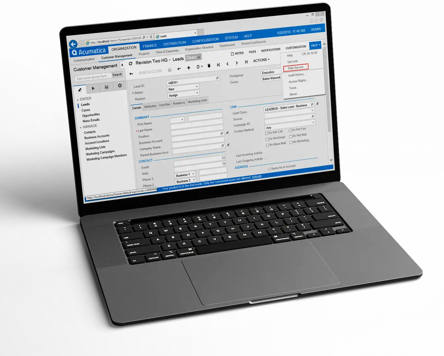 Cloud-based customer management software on a laptop screen for business automation.