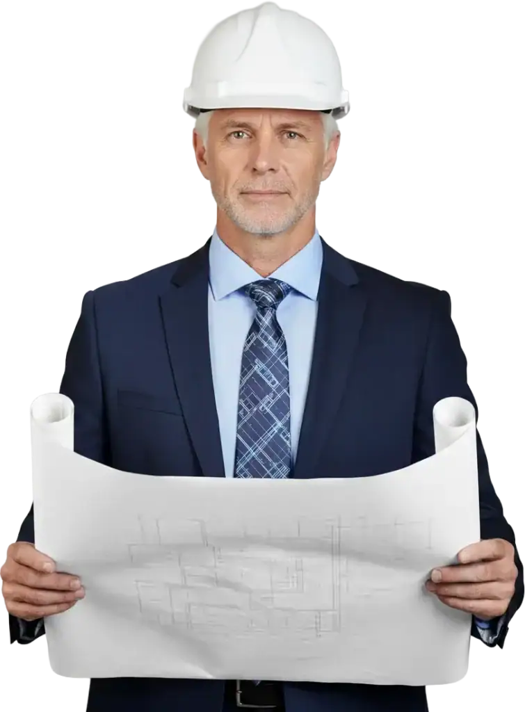 Experienced engineer holding construction blueprint with safety helmet, representing construction planning.