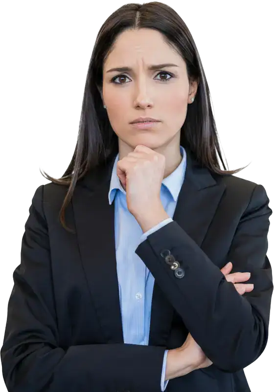 Confused businesswoman pondering decision, professional dilemma, corporate stress, strategic thinking, workplace challenges.