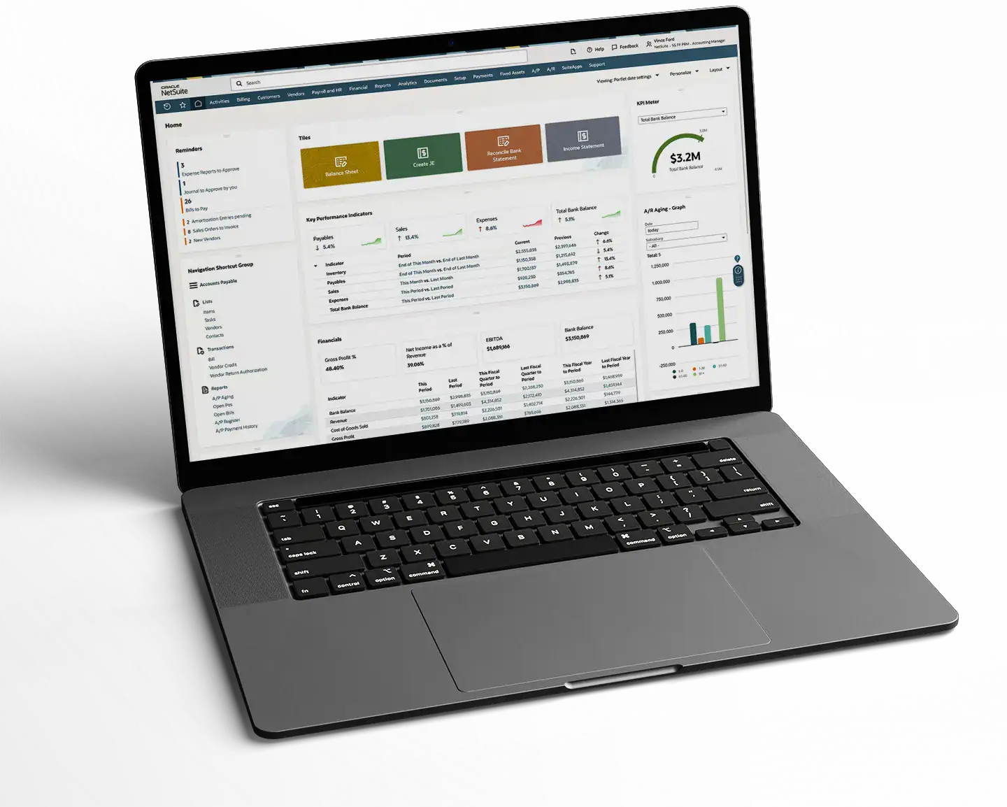Real-time financial dashboard on a laptop screen, showcasing business analytics and reporting.