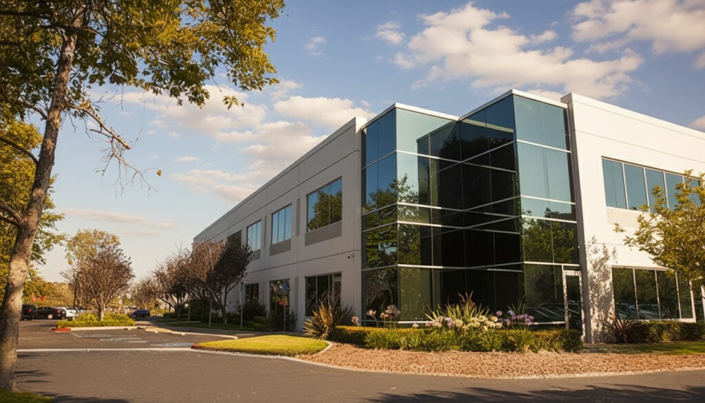 Modern commercial office building with glass exterior and landscaped surroundings.