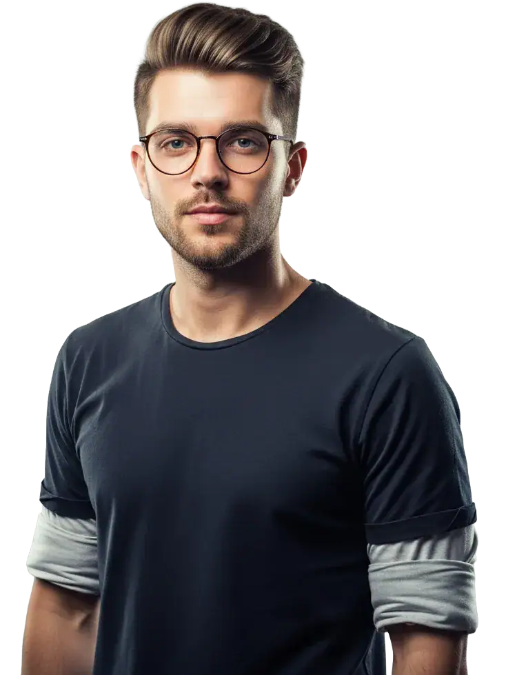 Professional man wearing glasses, casual black shirt, stylish look, modern fashion, confident pose.