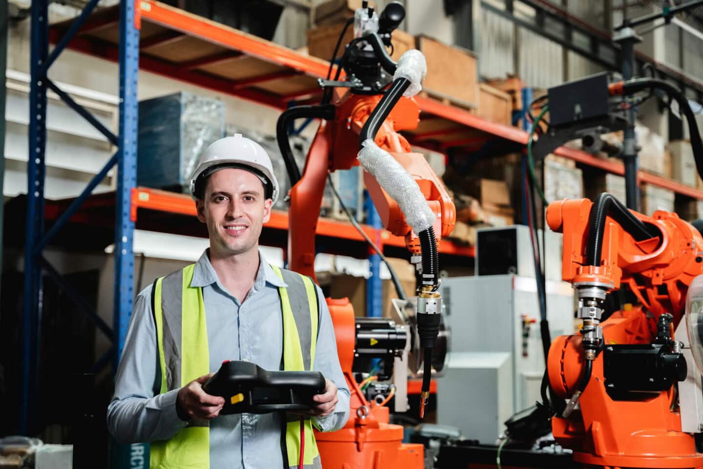 Industrial robotic arms operating in a manufacturing warehouse.