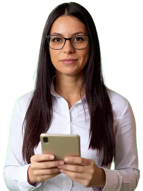 Clear glasses woman using smartphone on green background.