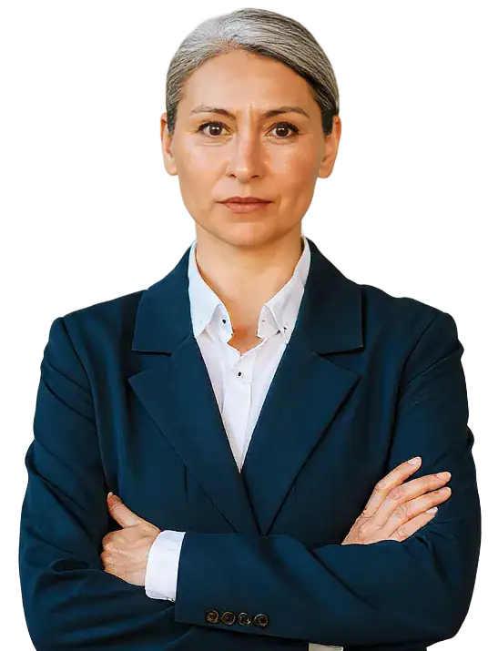 Confident professional woman with crossed arms in business suit for leadership and management.