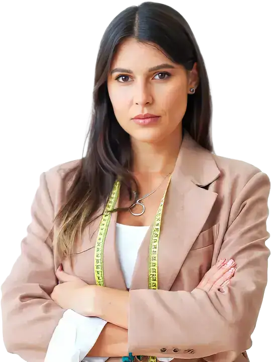 Confident woman in professional attire with measuring tape, representing tailoring and fashion design expertise.