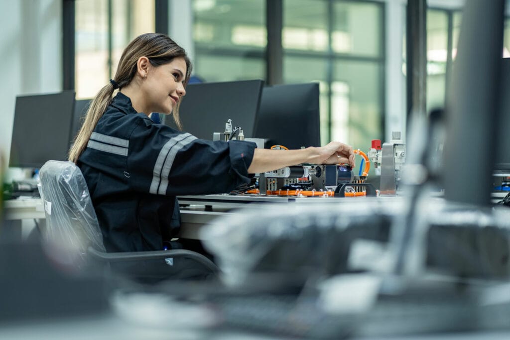 Precise manufacturing technician working on automation equipment in a modern industrial lab.
