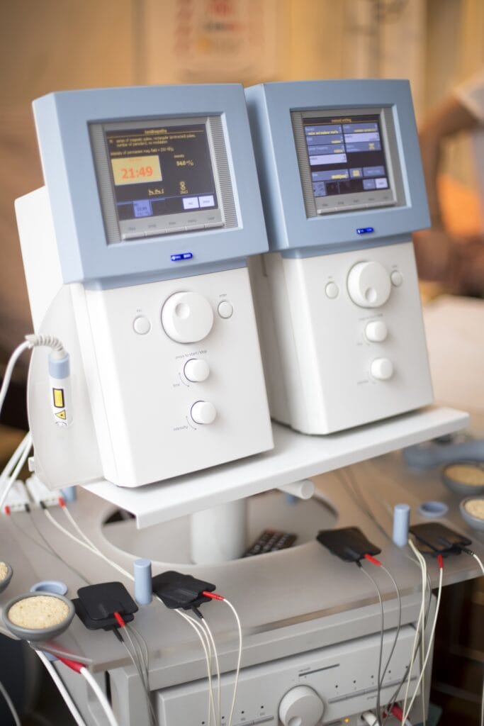 1. Dual electrotherapy devices used for advanced pain management and muscle stimulation.