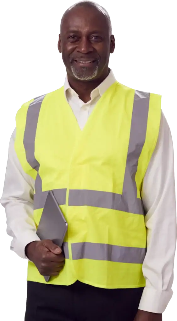 1. Man wearing yellow safety vest with tablet, construction safety, worker safety gear.
