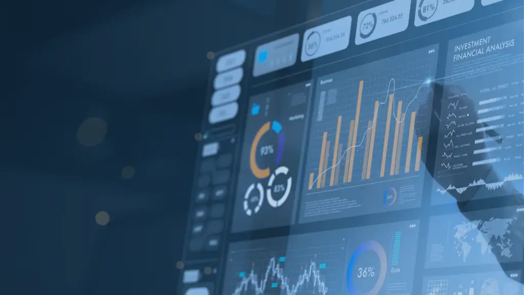Data analytics dashboard with financial charts and investment analysis visuals.