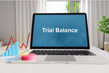 Trial Balance software interface on laptop for accounting and financial management.