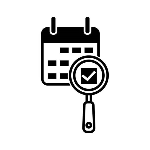 Calendar with magnifying glass and checkmark icon, representing scheduling and verification.