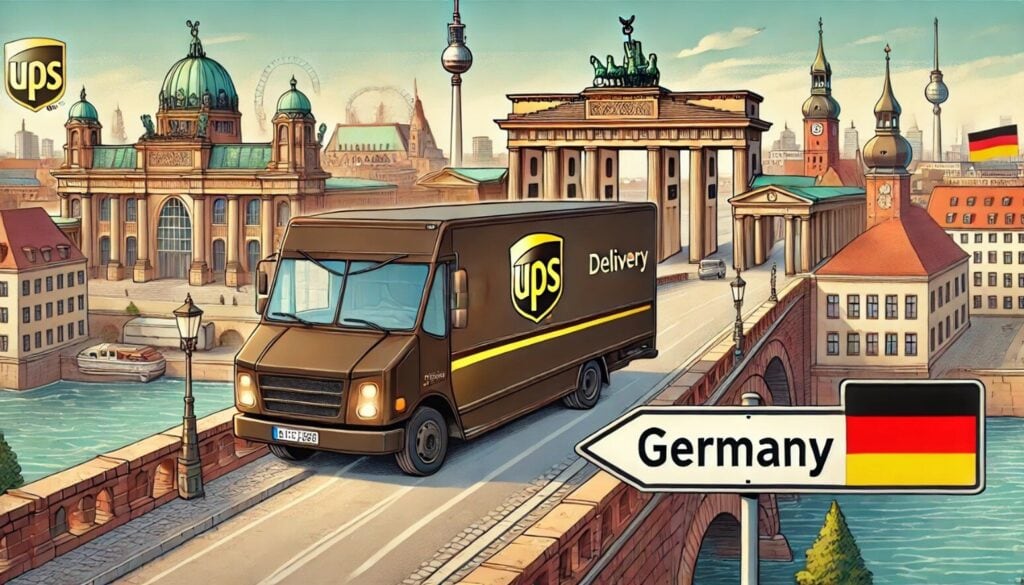 1. UPS delivery truck crossing historic German city bridge with landmarks.