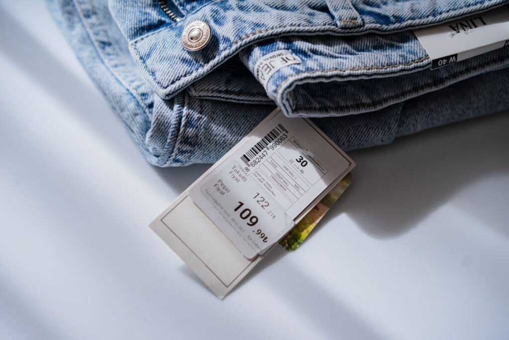 Thin blue denim jeans with price tags attached, showcasing retail clothing display.