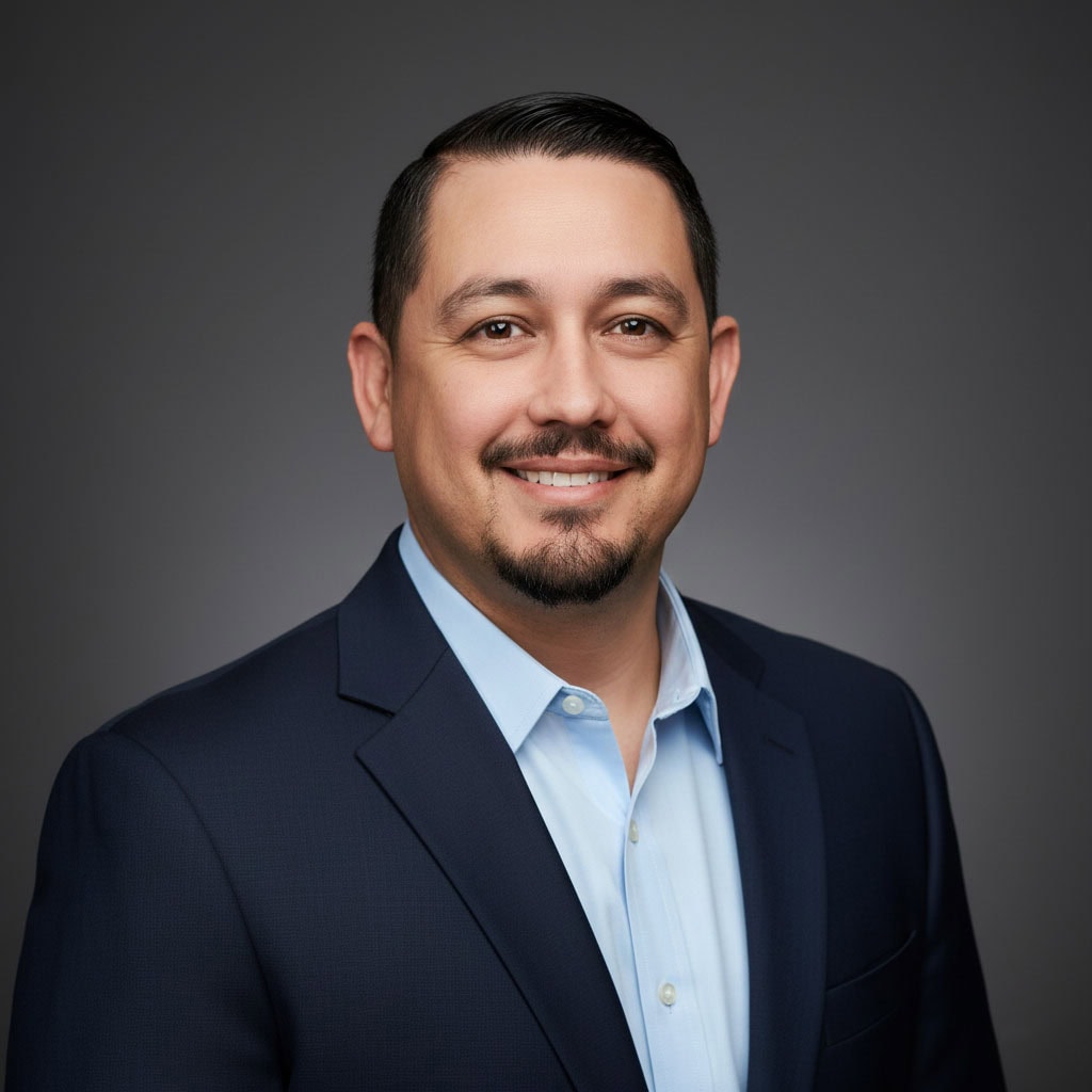 Smiling professional man in formal suit, corporate headshot for leadership profile.