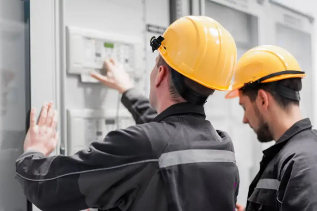 Workers in safety helmets inspecting electrical panels at industrial facility.