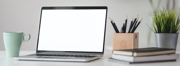 Modern office workspace with laptop, pens, and plants for productivity and creativity.