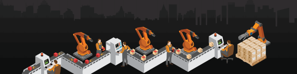 Robotic arms assembling packages in a modern warehouse automation system.