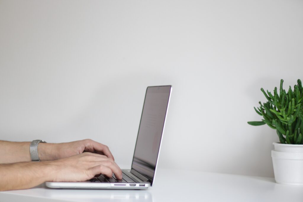 Bright laptop on a white desk with a green plant, showcasing modern workspace and technology.