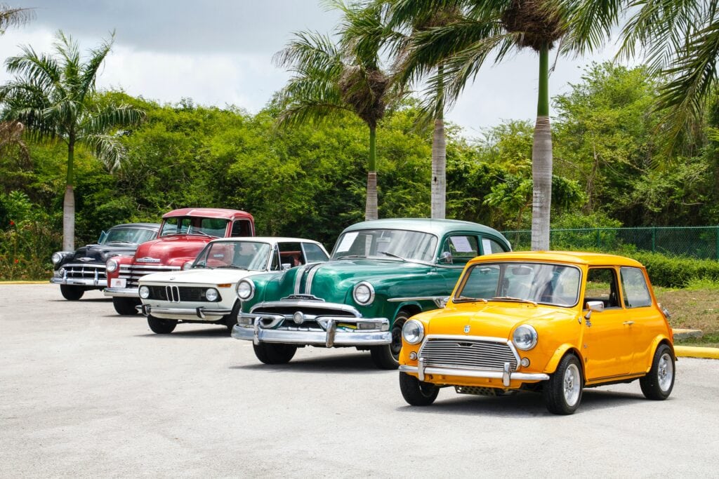 Vintage colorful cars parked outdoors in front of lush green trees and palm trees.