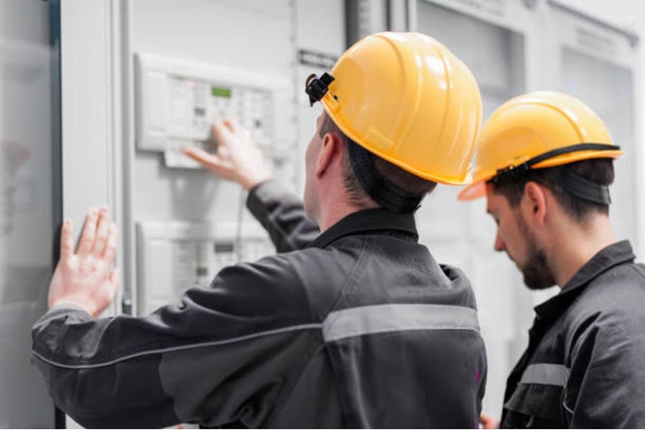 - Safety training professionals wearing yellow helmets inspecting electrical panel.