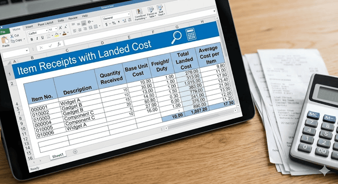 Item receipts with landed cost displayed on a tablet screen, logistics and inventory management concept.