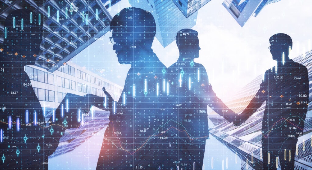 Silhouettes of businesspeople in city