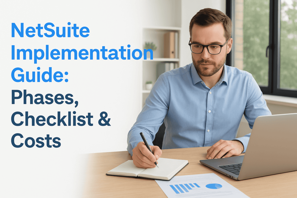 Professional man working on laptop and taking notes for Netsuite implementation guide.