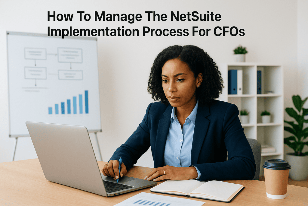 Professional woman working on a laptop with Netsuite implementation process chart in the background.