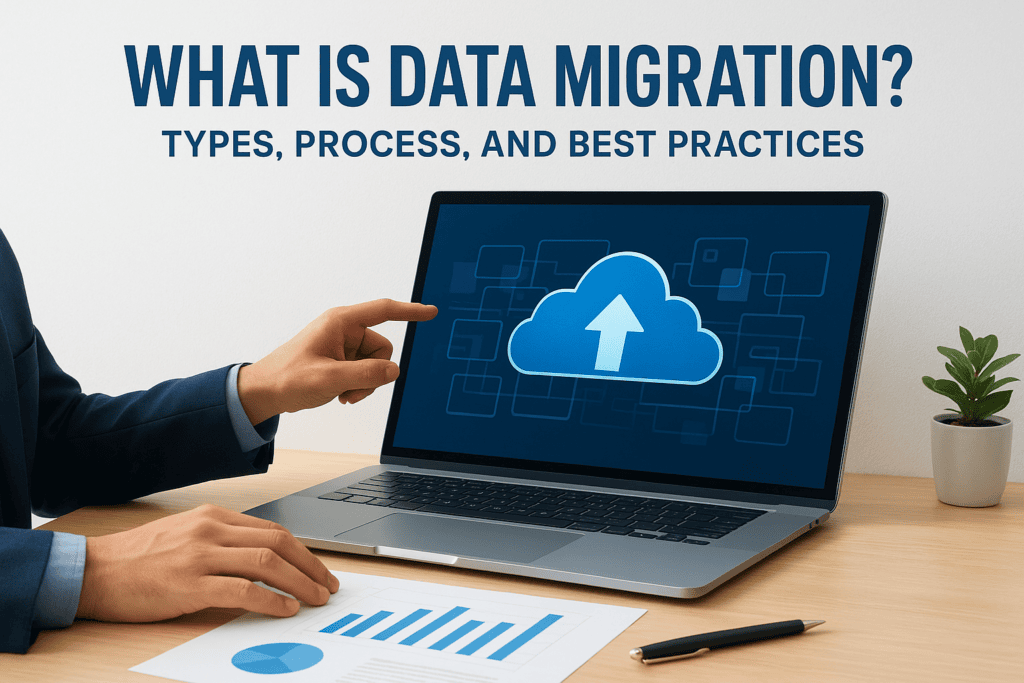 Cloud upload icon on laptop screen, data migration, IT, technology, cloud services.