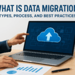 Cloud upload icon on laptop screen, data migration, IT, technology, cloud services.