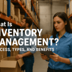 Women inspecting inventory with tablet in a storage warehouse.