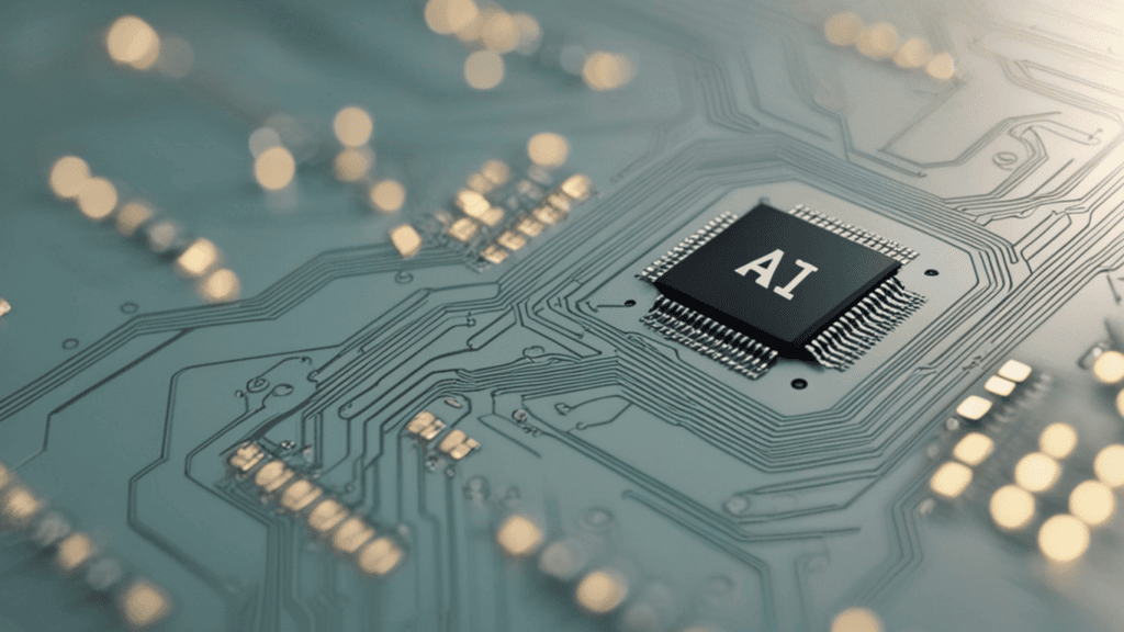 Close-up of a microchip labeled AI on a circuit board, highlighting AI technology in ERP systems.