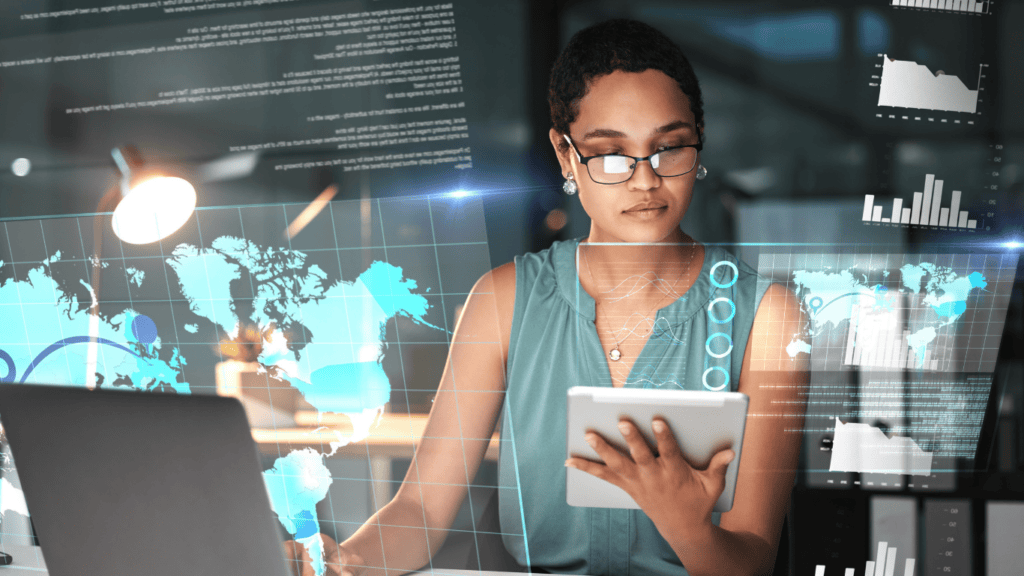 Businesswoman analyzing data on tablet with global financial charts and graphs.