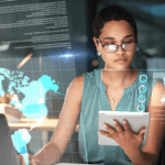 Businesswoman analyzing data on tablet with global financial charts and graphs.