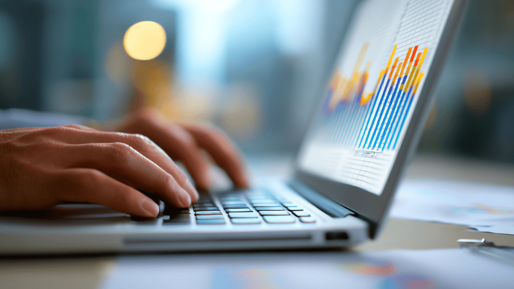 Hands typing on a laptop keyboard. Acumatica ERP