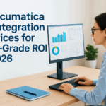 Businesswoman analyzing financial data on computer screen for CFO ROI.