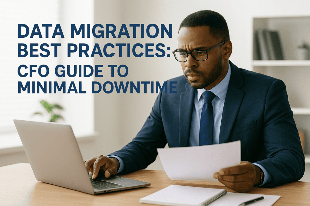Businessman reviewing data migration best practices for minimal downtime.