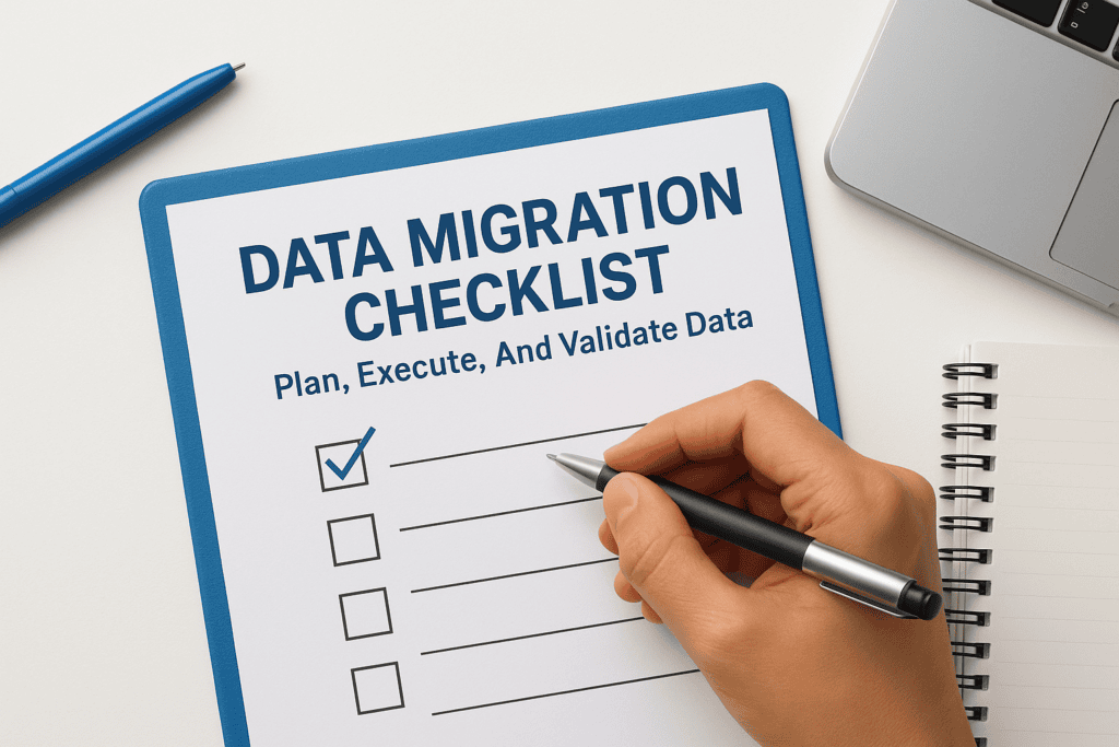 Data migration checklist for planning, executing, and validating data transfer processes.