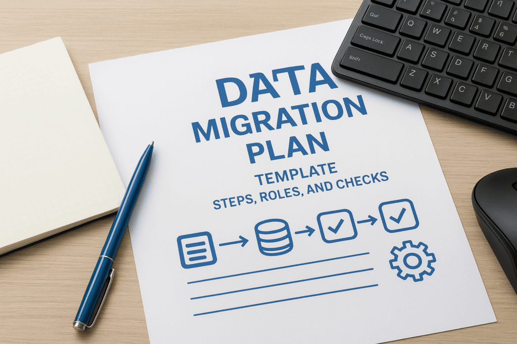 Data migration plan template with steps, roles, and checks for smooth transition.