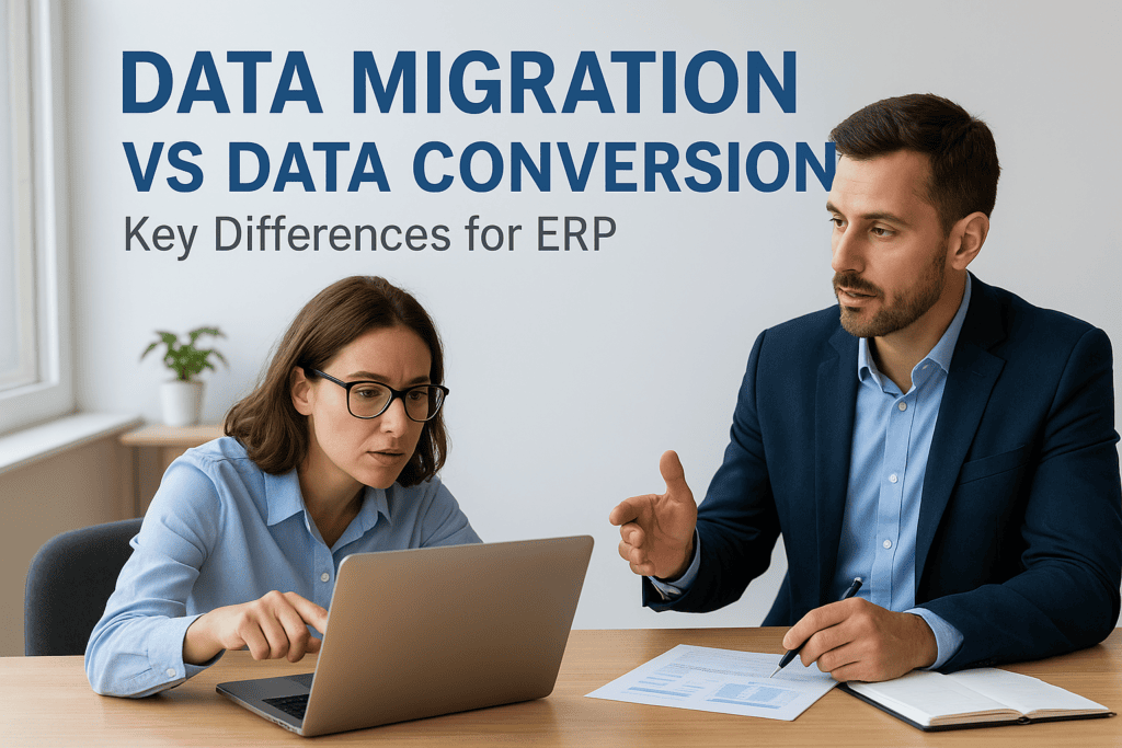Business professionals discussing data migration and conversion for ERP systems.