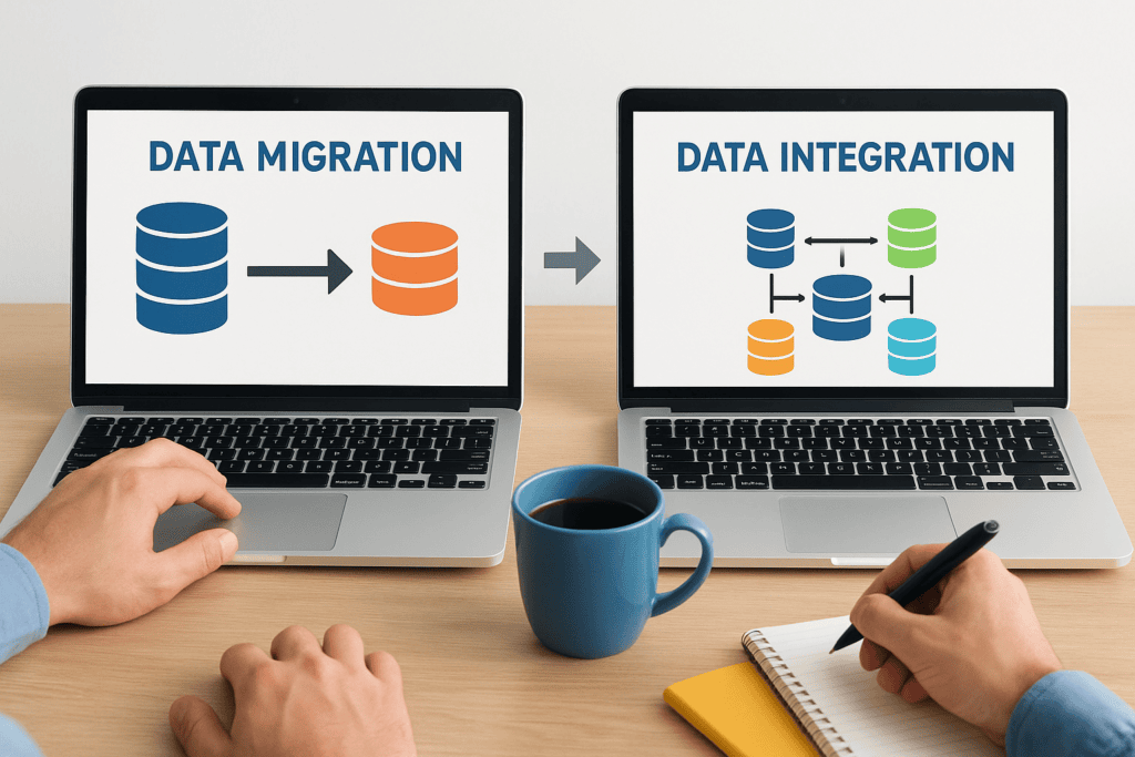 Illustration of data migration and integration processes on laptops with database icons.