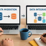 Illustration of data migration and integration processes on laptops with database icons.