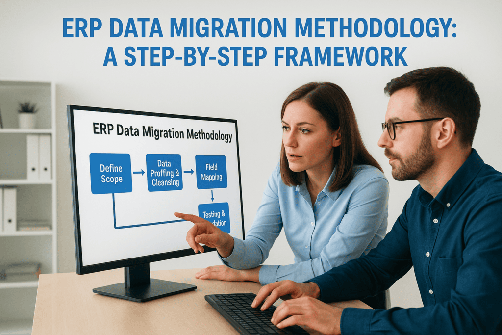 Two professionals discussing ERP data migration methodology on a computer screen.