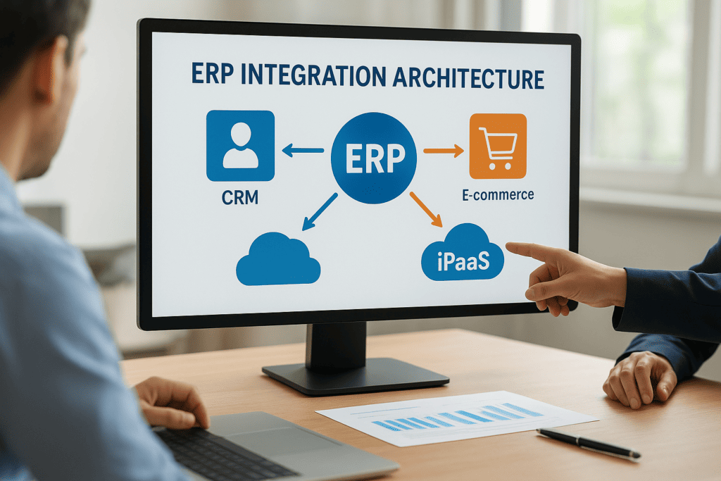 Diagram illustrating ERP integration with CRM, e-commerce, cloud, and iPaaS systems.