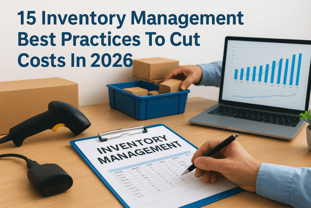 Inventory management strategies with a laptop, barcode scanner, and charts for cost savings.