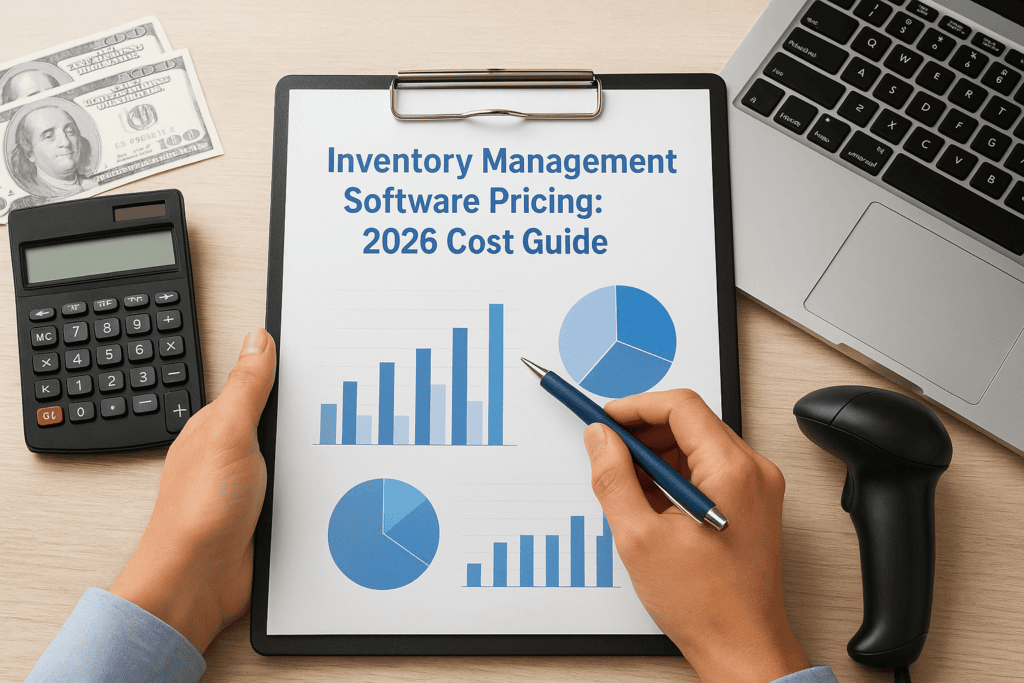 Inventory management software pricing guide with charts and graphs on a tablet.