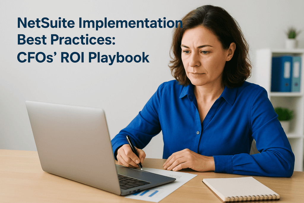 Businesswoman working on a laptop for NetSuite implementation best practices.