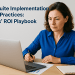 Businesswoman working on a laptop for NetSuite implementation best practices.